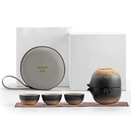 Zen Lotus Design Travel Teapot, Portable Ceramic Tea Set, 1 Pot, 1 Fairness Cup and 3 Mini Cups, Tea Ceremony Set for One to Three (Terra Umber)