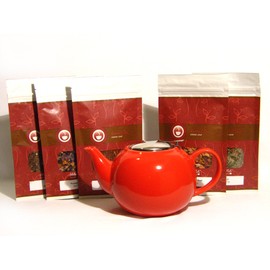 Mahamosa Teapot and Tea Gift Set - Red Ceramic Infuser Teapot (Tea Pot) and Herbal Tea Sampler Gift Set Kit (incl. five 2 oz. specialty herbal teas)(Bundle - 6 items) (Christmas/Holiday gift)