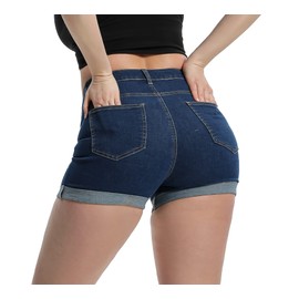 Laeyzuo Pantalones cortos elásticos de cintura alta para mujer con dobladillo foldead, Azul oscuro, M