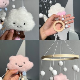 Hanging Bed Bell, Mobile Baby Wind Chimes, Hanging Bed Bell Mobile with Felt Balls, 3D Clouds, for Newborn Children's Room, Baby Bed Boys and Girls (Pink)