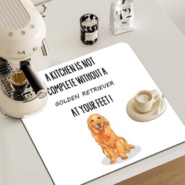 Veqzc Golden Retriever Dish Drying Mat - Golden Retriever Dog Absorbent Dish Drying Mat for Kitchen Counter, Coffee Bar Mat, Dish Rack Drainer Mat, JL-GZD-01, Kitchen Decor, 16x17.5 Inch