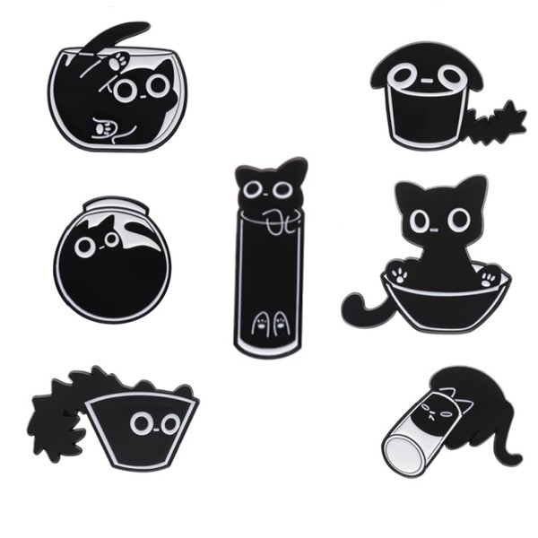 Pack of 7 Black Cat Enamel Lapel Pins, Cute Pin