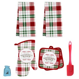 EB Plaid Christmas Design (2) Towels (1) Oven Mitt and (2) Potholders Decorative Kitchen Linen Set with Red Spatula for Dining Table Cooking Baking Drying Dish Heat Resistant Party Gift Decoration