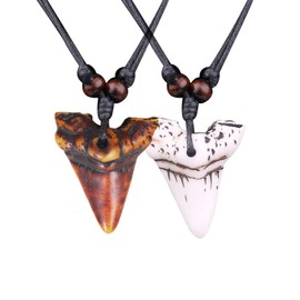 COLORFUL BLING 2Pcs Lucky Shark Tooth Necklace for Men Adjustable Leather Cord Resin Vintage Tooth Necklace Cool Beach Surfer Tribal Jewelry-style1 mix