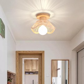 LIGKIN Hand-Woven Bamboo Rattan Chandelier Ceiling Light Shade E27 Vintage Wood Ceiling Light for Bedroom Stairs Hallway