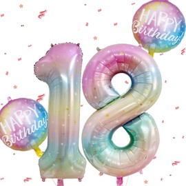 Bunter Happy Birthday Zahlen 18 Folienballon für Kindergeburtstag Deko, Regenbogen Farbverlauf Geburtstagszahl Ballon 18 Jahre, Geeignet für Jungen Mädchen Geburtstag Dekoration Jubiläumsparty