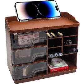 Roellgs Desk Organiser with Drawers, Multifunctional Pen Holder Desk with 4 Compartments and 3 Drawers, Office Organiser Desk and Accessories (Coffee)
