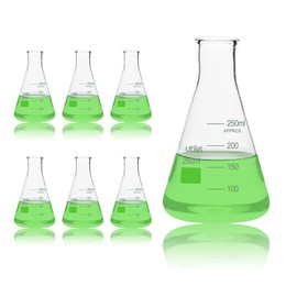 Utile Erlenmeyer Fasks, 6pcs of 250ml Conical Flask, Narrow Mouth, Borosilicate 3.3 Glass Flasks with Printed Graduation, 4016.0250.6