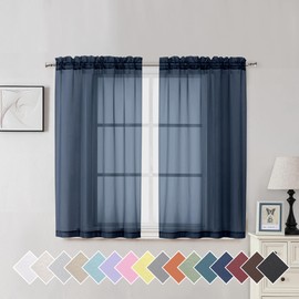 Aiyufeng Navy Blue Sheer Curtains 45 inch Length 2 Panels Set for Farmhouse Kitchen Room, Elegant Light Filtering Voile Window Treatments, Each is 40W x 45L Inches