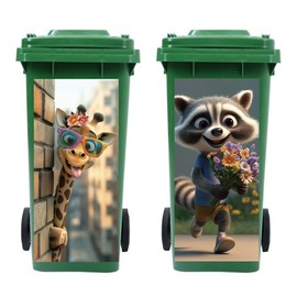 Peacoblue Wheelie Bin Stickers 2 Sheets Giraffe and Raccoon Sticky Dustbin Stickers Decals, 15in x 32in Waterproof Large Wraps for Trash Cans Bins Driveway Garden Outdoor Indoor Patio Decor
