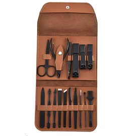 16Pcs Stainless Steel Manicure Pedicure Set, Nail Clippers Nail Care Tools Grooming Kit with PU Leather Case (Brown)