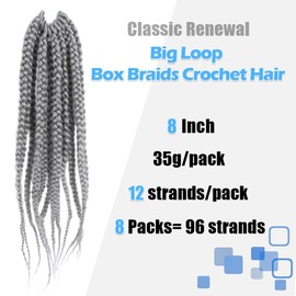 BOHOBABE Gray Box Braids Crochet Hair 8 Inch 8 Packs Short Prelooped Grey Crochet Box Braiding Hair (Gray)