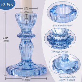 Simeitol 12pcs Taper Candle Holders, Candlestick Holders, Glass Candle Holder - Vintage Flower Design Candle Holders for Wedding, Baby Shower & Fall Table Decor, Christmas & Thanksgiving Decor (Blue)