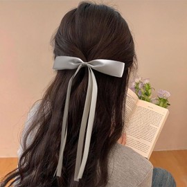 Chanaco Silky Satin Hair Clips for Women - Black & Off-white - 3 Count - Hair Securing, Decorative - Oversized Long Tail Hair Bows - Coquette Style