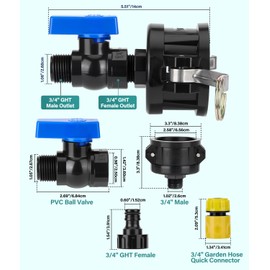 IBC Tote Hose Adapter Kit, 2" Cam Lock fittings for 275-330 Gallon Tank, IBC Tote to Garden Water Hose Adapter with Garden Hose Quick Connector, Plastic Shut Off Ball Valve(3/4" Female Male GHT)
