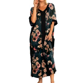 Caftan Loungewear Nightgowns for Women Ladies Cotton Robe Night Gowns Comfy House Dresses Sleep Shirt Long Nightgowns Black Flower 3XL