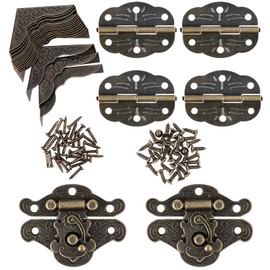96PCS Engraved Latch Hasp Small Hinges for Wooden Box Jewelry Right Hook Hinges and Box Corner Protectors Hardware Kit Vintage Bronze Hinge with Matching Screws for Decorative Cabinet Small Wooden Box
