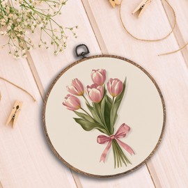 Hxlac Pink Coquette Bow Tulip Bouquet Floral Round Wall Art Framed, Pink Floral Round Wall Decor, Vintage Flower Hanging Canvas Prints Wall Sculptures for Home Bedroom Living Room Decor, 10x10 Inch