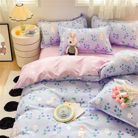 Koudi Kids Girls Duvet Cover Set Full Purple Pink Tulip Rabbit and Flower Design Reversible Soft Microfiber Bedding Set Cartoon Tulips Comforter Cover with Zipper Ties