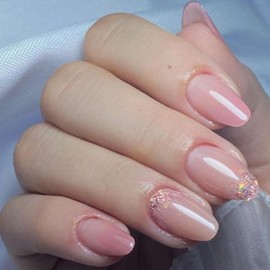 Foweso 24 pcs Glitter Press on Nails Short Almond Fake Nails with Glue Nude Acrylic Nails Supply Full Cover Glossy False Nails for Women and Girls Nude Nails Stick on Nails