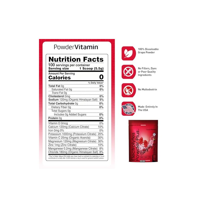 PowderVitamin- Electrolitos en Polvo Plus (100 Porciones) Hibiscus Electrolito Polvo