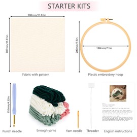 JSRQT Punch Needle Embroidery Starter Kits,Rug Hooking Beginner Kit for Kids and Adults, Punch Needle Fabric with Threader,Yarns and Embroidery Hoops,High Mountain Pattern
