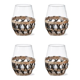 TAG Perfectly Clear Island 16 ounce Glass Stemless Wine Tumbler with Black Lattice Sleeve Set of 4