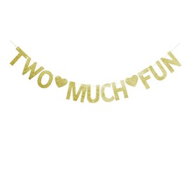 Two Much Fun Banner, Vintage Gold Glitter Paper Sign Garland for Kids' / Boys' / Girls' / Twins' 2nd Birthday Party Decor Supplies