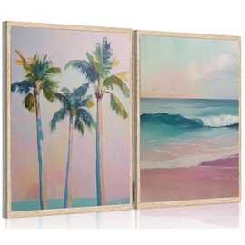 2Pcs Pink Beach Canvas Wall Art, Peach Palm Tree Canvas Print Wall Decor Preppy Prints Artwork Painting Beach Decoration for Gallery Living Room Bedroom, Unframed (12x16inch)