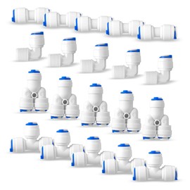 Ronaqua Quick Connect Push in Fittings to fasten 1/4” OD Water Tubing for Reverse Osmosis Systems and Water Filters Set of 20 (Type L+T+Y+I Combo)