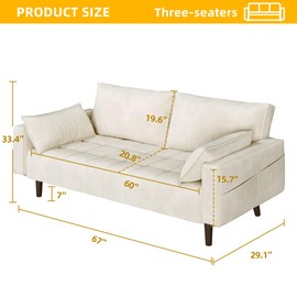 DWVO 67" Loveseat Sofa, Velvet Fabric Sofa Couch for Small Space, Modern Loveseat with Button Tufted Seat and Side Storage Pockect, 3 Seater Couch for Living Room Bedroom, 2 Pillows Included, Beige