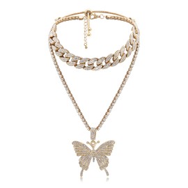 AILUOR Butterfly Cuban Link Necklace Set, Women Hip Hop Choker Pendant Necklace Chain Iced Out with Bling Rhinestones, Fashion Accessory for Hip Hop Lovers Women (Gold)
