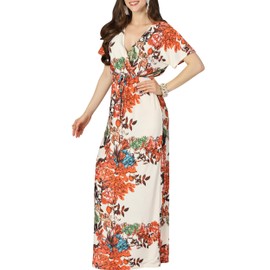 KOH KOH Plus Size Womens Long Kimono Sleeve Short Sleeves V-Neck Vintage Floral Print Summer Hawaiian Casual Cocktail Sundress Sun Gown Gowns Maxi Dresses, Ivory White 2XL 18-20
