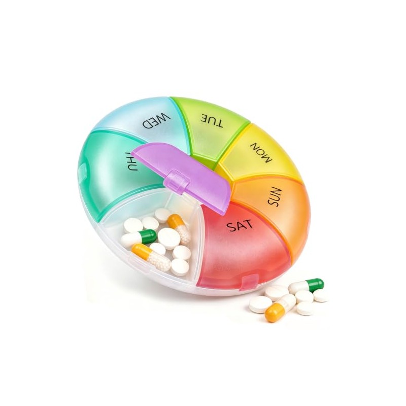 Portable Round Weekly Pill Box 7 Day Dosset Box, Multicolor