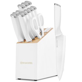 Diamosteel White Knife Set, 13 Pieces Knife Block Set with Built-in Sharpener Scissors for Kitchen Meat & Vegetable Cutting, Dishwasher Safe Knives Set Present for Family & Restaurant