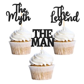The Man The Myth The Legend Cupcake Topper, Dad Birthday Decor, Happy Father's Day/Father's Birthday Party Decorations Supplies Black Glitter