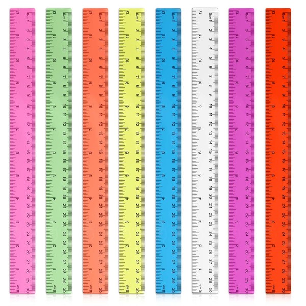 Ymapinc Pack of 8 30 cm Ruler, 8 Colours, Plastic