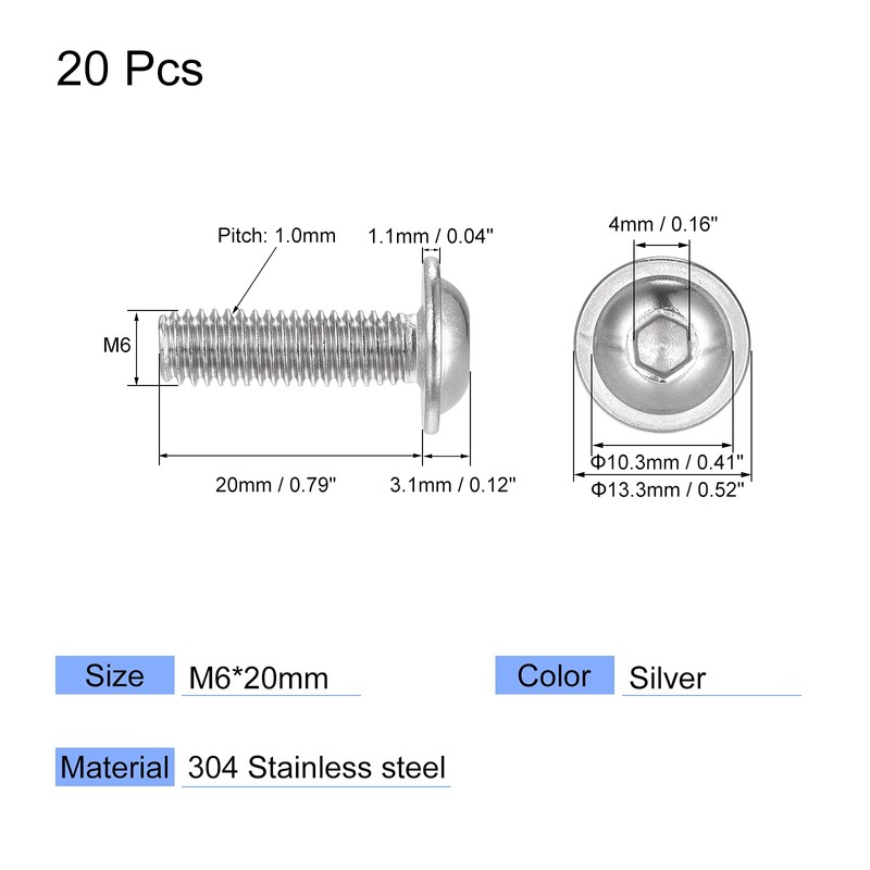 sourcing map Flanged Button Head Socket Cap Screws, M6*20mm Hex