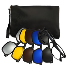 Magnetic Clip On Sunglasses with 5 Interchangeable Clips, 3 Polarised + 2 Non-Polarised, Retro TR90 Rectangular Sunglasses for Women Men, Plastic Frame for Night Driving, black