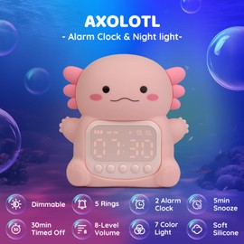 Aokpsrt Axolotl Alarm Clock with Night Light for Kids, Rechargeable Silicone Lamp Time to Wake Clock，Cute Animal Tabletop Lamp, Perfect Sleep Companion for Boys Girls
