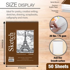 BAZIC Sketch Pad 50 Sheet 6" X 8", Top Bound Spiral Sketchbook Drawing Pads, Sketching Paper Coloring Book for Artist School, 1-Pack