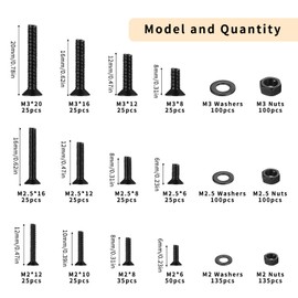 1005 Pcs Small M2 M2.5 M3 Countersunk Bolts and Nuts Set, Flat Head Hex Socket Head Screws Set, Machine Screws Nuts and Washers, Black Assorted Bolts Assortment Kit