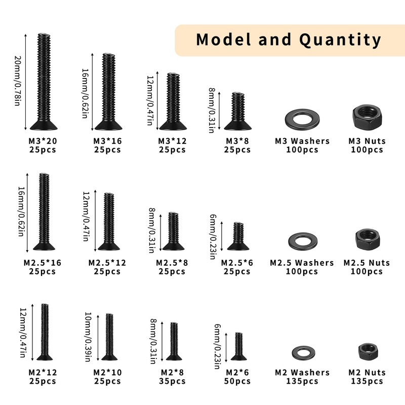 1005 Pcs Small M2 M2.5 M3 Countersunk Bolts and Nuts
