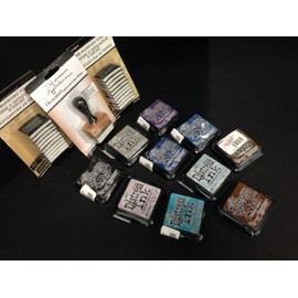 Tim Holtz Ranger Distress Ink™ Pad Bundle: 10 Ink Pads Colors: Black Soot, Pumice Stone, Dusty Concord, Milled Lavender, Chipped Sapphire, Faded Jeans, Broken China, Weathered Wood, Walnut Stain, Vintage Photo, 1 Blending Tool and 2 Blending Foam Refils