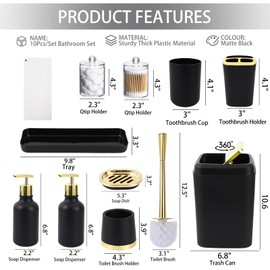 XLHOMO Black Bathroom Accessories Set - 10 Piece Bathroom Accessory Set with Trash Can, Soap Dispenser, Soap Dish, Toothbrush Holder and Cup, Toilet Brush, Qtip Holder, Bathroom Decor Sets Complete