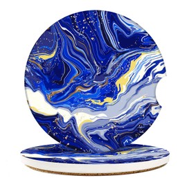 Britimes Car Coasters for Drinks Absorbent, 2 Pack Cup Holders, 2.56" Ceramic Stone & Non-Scratch Cork Base Coasters Cupholder, Auto Accessories for Women & Men, Blue Marble Gold Natural Luxury