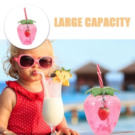 Healifty 3pcs Strawberry Shaped Plastic Drinking Cup With Leaf Lid Straw Cute Strawberry Pendant Reusable Fruit Pattern Coffee Tumbler Juice Milk Tea Drinking Bottle Portable for Trip Party