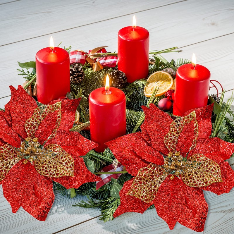 20 Set 8.7" Wide 3 Layers Christmas Red Glitter Poinsettia