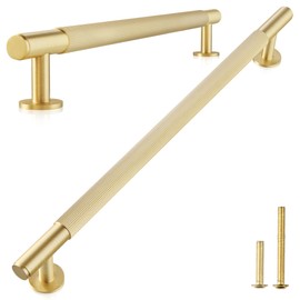 QOGRISUN 2-Pack Solid Brass Cabinet Pulls, Modern Gold Bar Handles, 12-3/5-Inch Hole Center for Kitchen Drawer Dresser Cupboard, 14.1-Inch Total Length, Brushed Brass Finish – Eleganza