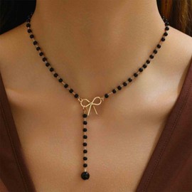 Aneneiceera Vintage Black Crystal Y Lariat Necklace Gold Hollow Bow Choker Necklace Black Rosary Pearl Lariat Necklace Long CZ Drop Necklace Chain Jewellery for Women, Zinc